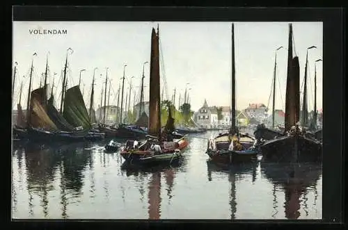 Künstler-AK Photochromie Nr. 1419: Volendam, kleine Segelboote liegen im Hafen