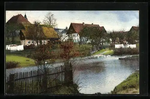 AK Photochromie NR 1347: Ortsansicht vom Fluss aus