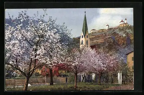 AK Klausen, Ortspartie mit Kirche während der Apfelblüte