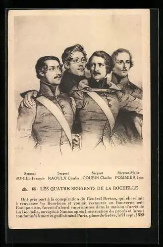 AK Les Quatre Sergents de la Rochelle, F. Bories, Ch. Raoulx, Ch. Goublin, J. Pommier