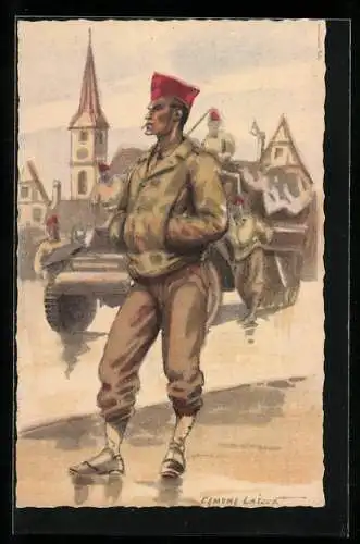 Künstler-AK Französischer Soldat in Uniform mit roter Mütze