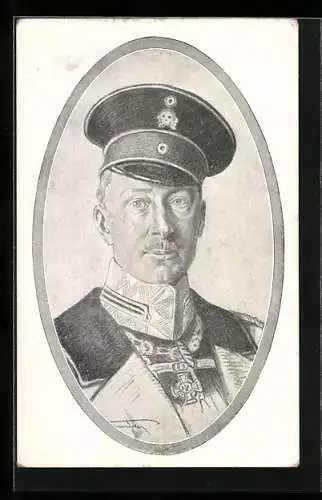 Künstler-AK Portrait Kronprinz Wilhelm von Preussen in Uniform mit Schirmmütze & Totenkopf-Abzeichen