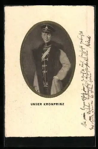 AK Kronprinz Wilhelm von Preussen, Portrait in Uniform mit Mantel