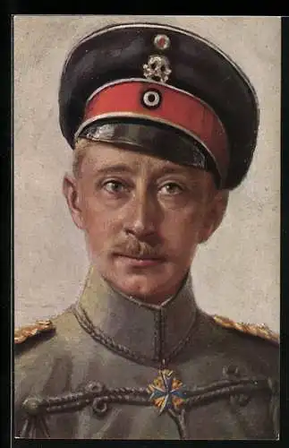 Künstler-AK Portrait Kronprinz Wilhelm von Preussen in Husarenuniform mit Schirmmütze