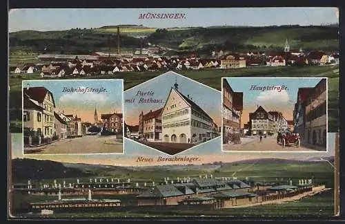 AK Münsingen, Neues Barackenlager, Bahnhofstrasse, Partie mit Rathaus, Hauptstrasse