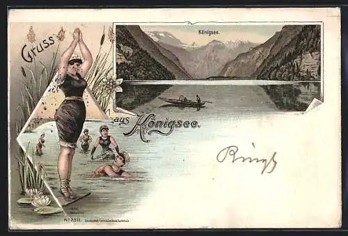 Lithographie Königsee / Berchtesgaden, Badegäste am See