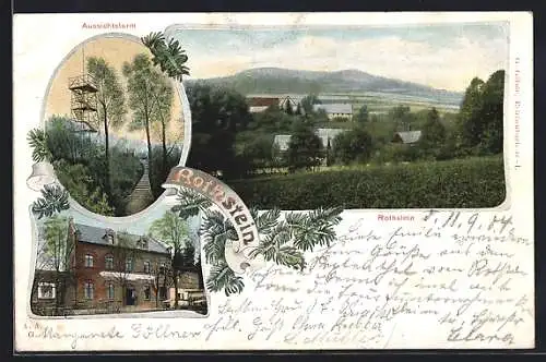 Lithographie Rothstein, Blick zum Ort, Restaurant und Aussichtsturm