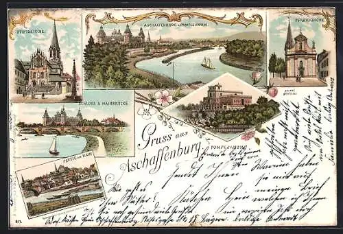 Lithographie Aschaffenburg, Pompejanum, Schloss & Mainbrücke, Stiftskirche, Pfarrkirche