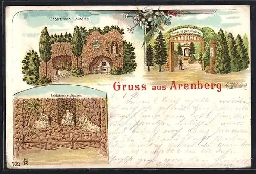 Lithographie Arenberg, Eingang zum Oelberg, Grotte von Lourdes, Schlafende Jünger