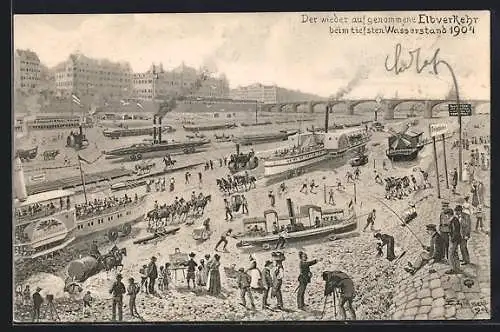 AK Dresden, Der wieder aufgenommene Elbverkehr beim tiefsten Wasserstand 1904