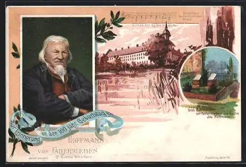 Lithographie Höxter i. W., Schloss Corvey, 100 jähriger Geburtstag des Dichters Hoffmann von Fallersleben