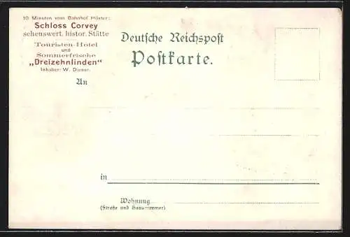 Lithographie Höxter i. W., Schloss Corvey, 100 jähriger Geburtstag des Dichters Hoffmann von Fallersleben