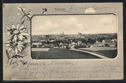 AK Freiberg i. S., Panorama im Blüten-Passepartout