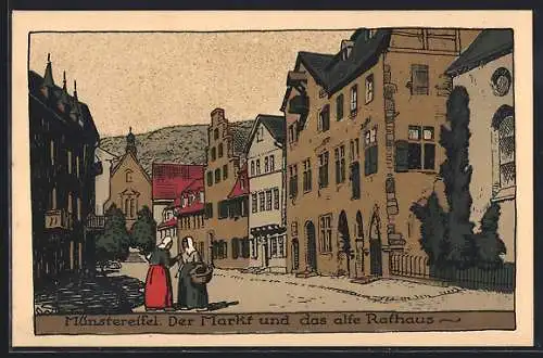 Steindruck-AK Münstereifel, Der Markt und das alte Rathaus