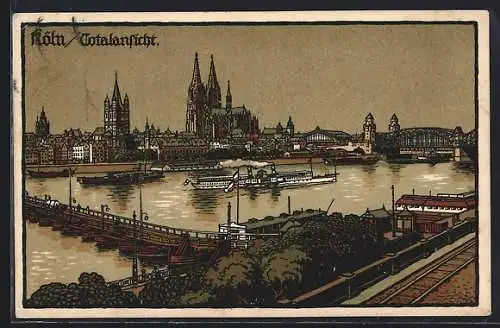 Steindruck-AK Köln, Totalansicht mit Dom, Rhein und Dampfer