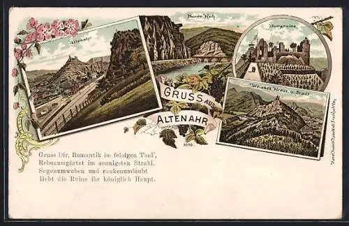 Lithographie Altenahr, Ortsansicht, Burgruine, Weisses Kreuz und Stadt