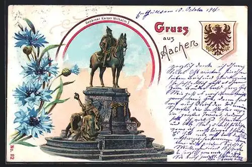 Lithographie Aachen, Das Denkmal Kaiser Wilhelm I., blaue Blumen