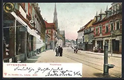 AK Offenburg, Hauptstrasse mit Brunnen und Kirche