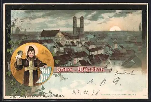 Lithographie München, Ortspartie mit Frauenkirche, Münchner Kindl