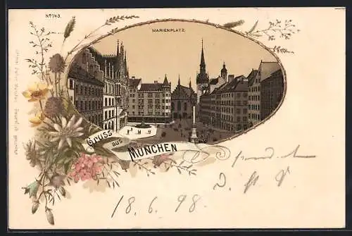 Lithographie München, Der Marienplatz im floralen Passepartout