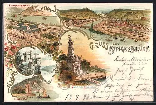 Lithographie Bingen / Rhein, Gesamtansicht, Bahnhof, National Denkmal, Mäuseturm