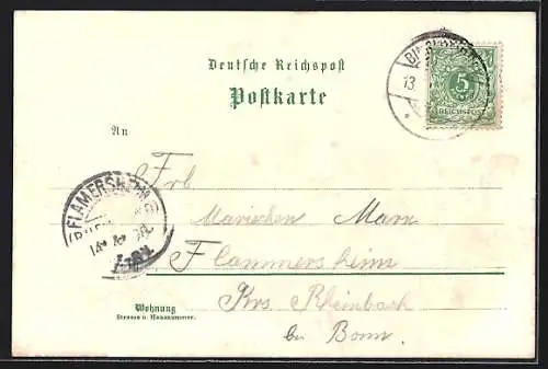 Lithographie Bingen / Rhein, Gesamtansicht, Bahnhof, National Denkmal, Mäuseturm