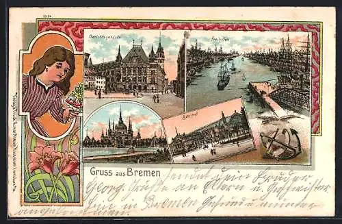 Lithographie Bremen, Bahnhof, Hafenpartie und Gerichtsgebäude, Anker