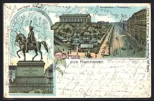 Lithographie Hannover, Georgstrasse und Theaterplatz und Ernst-August-Denkmal