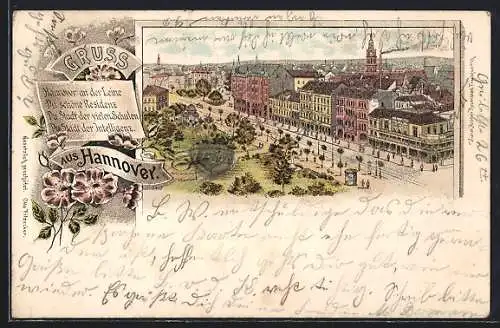 Lithographie Hannover, Ortsansicht mit Parkanlage