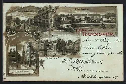 Mondschein-Lithographie Hannover, Schmiede-Strasse, Georg-Strasse, die Insel, Schloss Herrenhausen