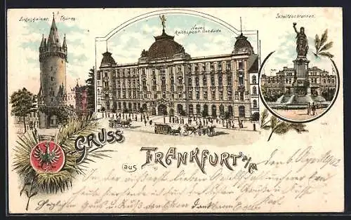 Lithographie Frankfurt a. M., Eschenheimer Thurm, Neues Reichspost-Gebäude, Schützenbrunnen