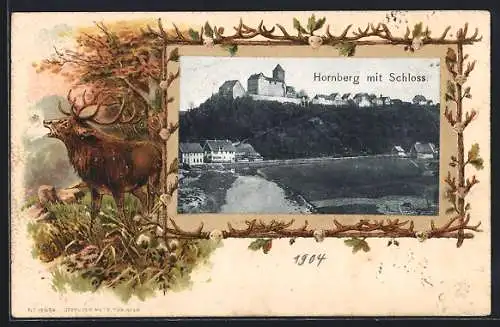 Lithographie Hornberg / Kirchberg, Ortsansicht mit dem Schloss, röhrender Hirsch im Passepartout