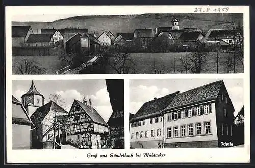 AK Gündelbach bei Mühlacker, Kirche und Rathaus, Schule, Gesamtansicht