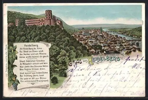 Lithographie Heidelberg / Neckar, Stadtansicht mit Gedicht