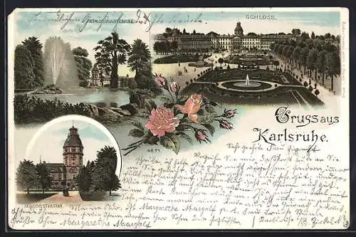 Lithographie Karlsruhe i. B., Park vor dem Schloss, Schlossgartensee, der Schlossturm