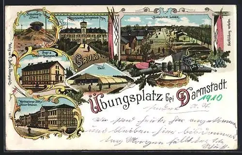 Lithographie Darmstadt, Übungsplatz, Baracken Lager, Post & Wachkommando, Zelt