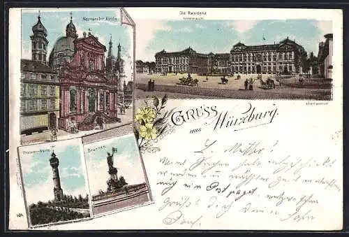 Lithographie Würzburg, Neumünster-Kirche, Residenz, Brunnen und Franken-Warte