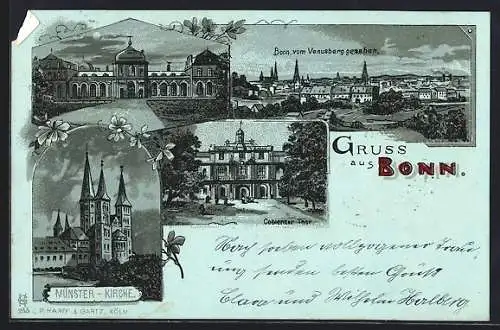 Mondschein-Lithographie Bonn, Coblenzer Thor, Blick vom Venusberg, Münster-Kirche