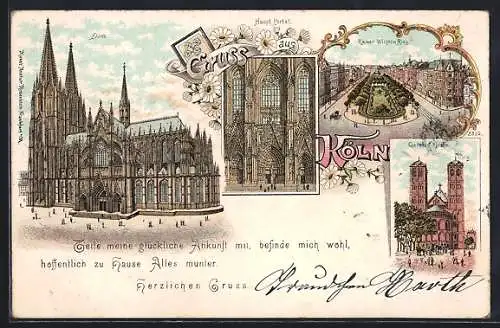 Lithographie Köln, Kaiser-Wilhelm-Ring, Gereonskirche und Dom