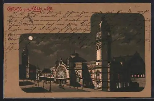 Mondschein-Lithographie Köln a. Rh., Partie am Bahnhof