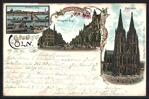 Lithographie Köln-Deutz, Hohenzollern Ring, Schiffbrücke und Deutz, Dom