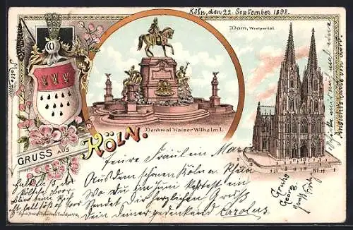 Lithographie Köln, Denkmal Kaiser Wilhelm I., Dom, Westportal, Wappen