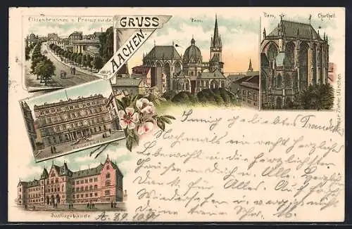 Lithographie Aachen, Elisenbrunnen und Promenade, Dom und Kaiserbad, Justizgebäude