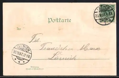 Lithographie Aachen, Elisenbrunnen und Promenade, Dom und Kaiserbad, Justizgebäude