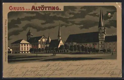 Mondschein-Lithographie Altötting, Strassenpartie mit Kirche