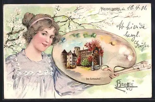 Lithographie Heidelberg, Schlosshof im Paletten-Passepartout