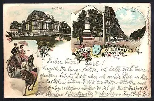 Lithographie Wiesbaden, Neues Theater, Kaiser Wilhelm-Denkmal, Wilhelm-Strasse, Kutsche