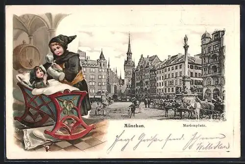 Passepartout-Lithographie München, Marienplatz mit Denkmal, Münchner Kindl bei Kind an der Wiege