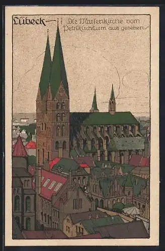 Steindruck-AK Lübeck, Marienkirche vom Petrikirchturm aus