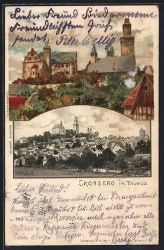 Künstler-AK Carl Münch: Cronberg im Taunus, Generalansicht, an der Burg